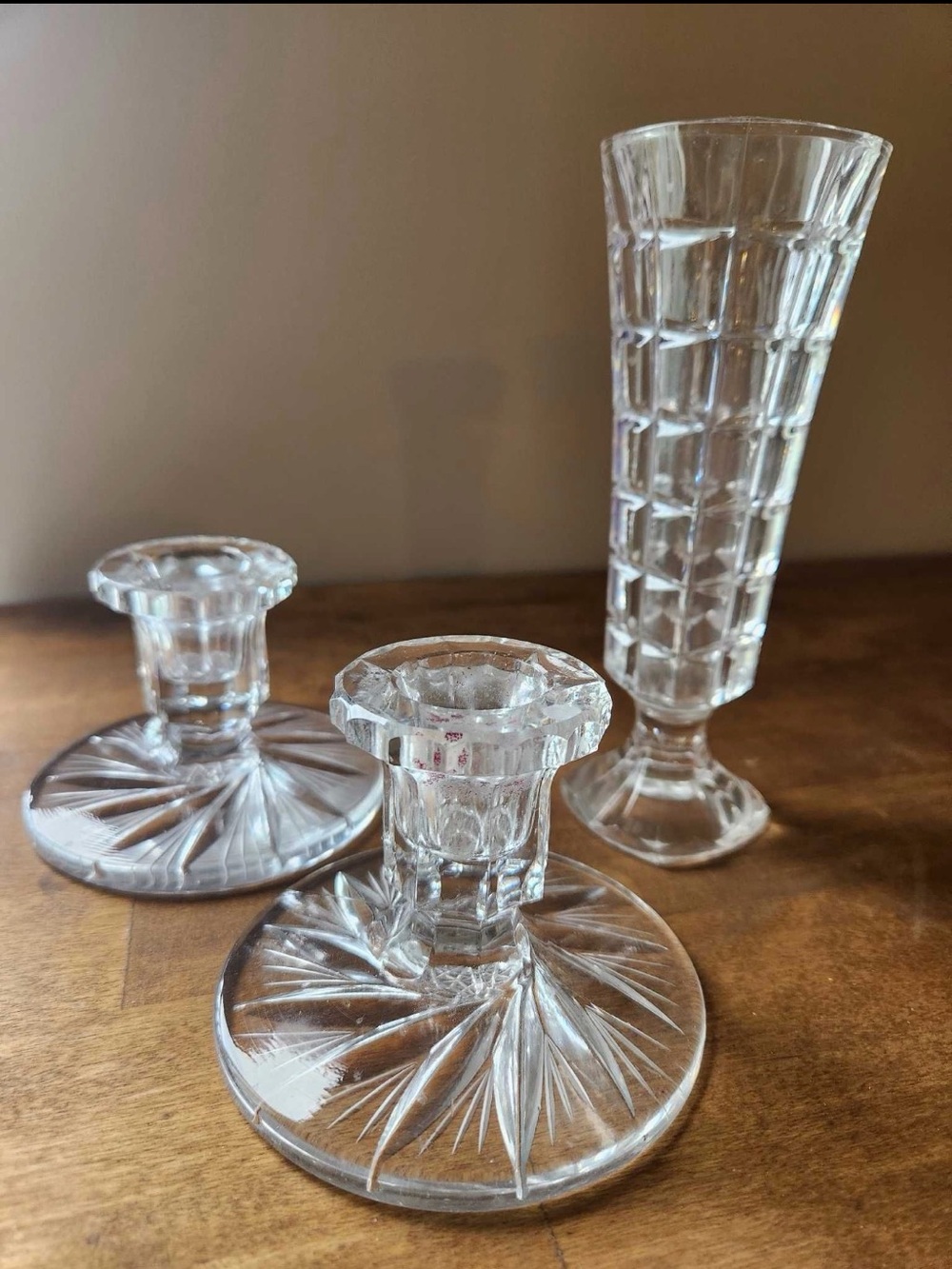 Crystal Candlestick Holders and Glass Bud Vase
